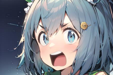 absurdres, highres, ultra detailed,1girl, open mouth,wide-eyed,v-shaped eyebrows, agemasen,<lora:agemasen_v1:0.75>,  seiun sky \(umamusume\),  <lora:seiun_sky_lora:0.6>,light blue hair,