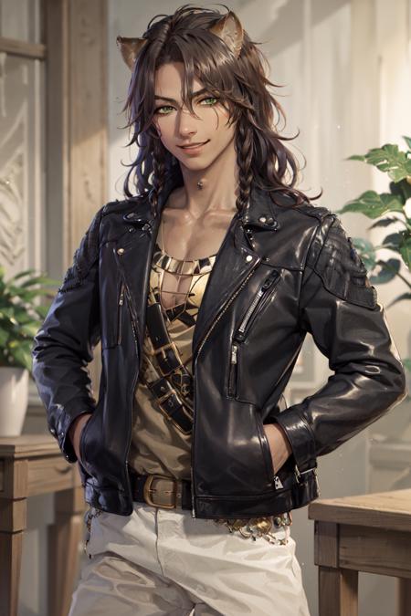 (masterpiece, best quality:1.2), <lora:twisted_kingscholar-10:0.8>, cowboy shot, solo, male focus, 1boy, leona kingscholar, dark skin, dark-skinned male, smile, looking at viewer, hand on hip, long hair, parted bangs, lion ears, leather jacket