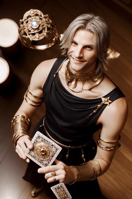 Urianger,  looking at viewer,  smile,  holding,  jewelry,  closed mouth,  flower,  sleeveless,  blurry,  blurry background,  from above,  ring,  tarot card,  holding card, <lora:EMS-48060-EMS:0.800000>