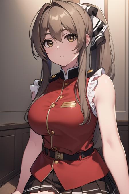 isuzusento, <lora:isuzusentotest:1>, 
isuzu sento, ahoge, (brown eyes:1.7), light brown hair, long hair, ponytail, hair ribbon, ribbon, (medium breast:1.2),
BREAK aiguillette, ankle boots, black ribbon, black skirt, boots, brown footwear, cross-laced footwear, frilled skirt, frills, jacket, lace-up boots, military, military uniform, pleated skirt, (red jacket:1.5), skirt, thighhighs, uniform, white thighhighs, white ribbon, buttons, (sleeveless:1.5),
BREAK looking at viewer,
BREAK indoors, classroom,
BREAK <lora:GoodHands-vanilla:1>, (masterpiece:1.2), best quality, high resolution, unity 8k wallpaper, (illustration:0.8), (beautiful detailed eyes:1.6), extremely detailed face, perfect lighting, extremely detailed CG, (perfect hands, perfect anatomy),