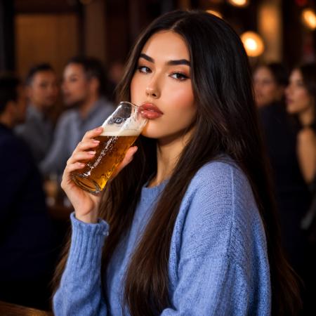 score_9, score_8_up, score_7_up, dynamic angle, beautiful lighting, sharp focus, 8k, high res, Masterpiece, Nikon Z9, beautiful lady, realistic, Madd_Beer, 1girl, plump lips, thick lips, eyelashes, brown eyes, thick eyebrows, black hair, long hair, forehead, in luxurious nightclub, sitting at the bar, (holding a beer), wearing a sweater and jeans, bokeh, hyperdetailed photography, soft light, <lora:XL\KMS_Madison_Beer_XL_r1-000015:0.75>