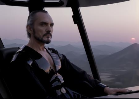 <lora:Zod-5-23-6000step:1> zod person flying a helicopter at dusk. Cockpit view with closeup of Zod using the helicopter controls.