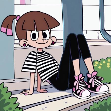 SonyaToast, 1girl, brown hair, blunt bangs, black eyes, ponytail with pink accents, pink scrunchie, fuchsia pearl earrings short-sleeved black white striped shirt black pants pink white high-top sneakers <lora:SonyaToast:1>