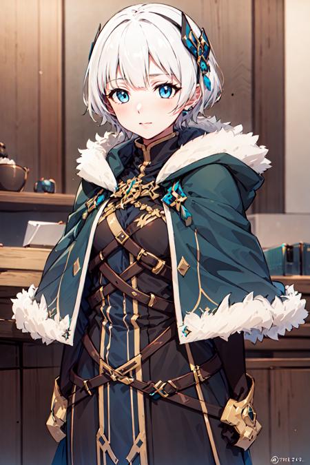 meteora osterreich,1girl, blue eyes, short hair, fur trim, hood, jewelry,capelet,white hair