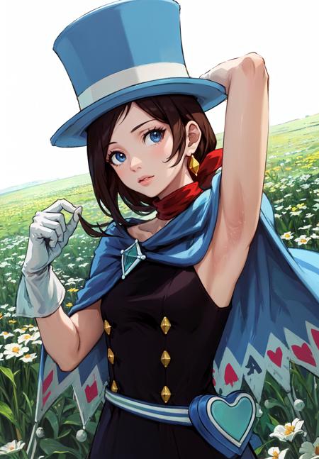 masterpiece, best quality, outdoors, grass, field, flower field,
minukidef, 1girl, solo, looking at viewer, upper body, arm behind head, presenting armpit, spread armpit, 
hat, top hat, jewelry, cape, blue headwear, earrings, scarf, gloves, white gloves, dress, spade (shape), club (shape), diamond (shape), heart,
<lora:LoRA_Minuki:1>,