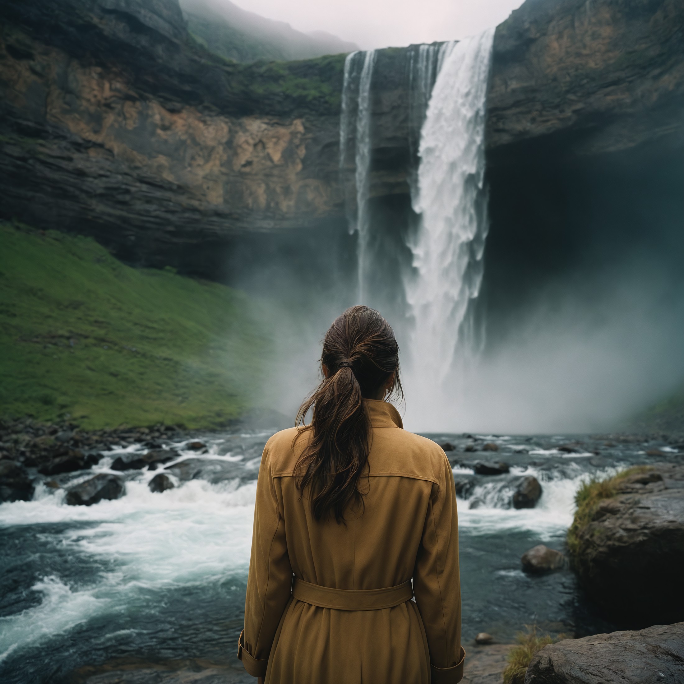breathtaking 135mm IMAX cinematic shot, award winning shot, Beneath a towering cliff,a woman stands with a cascading water...