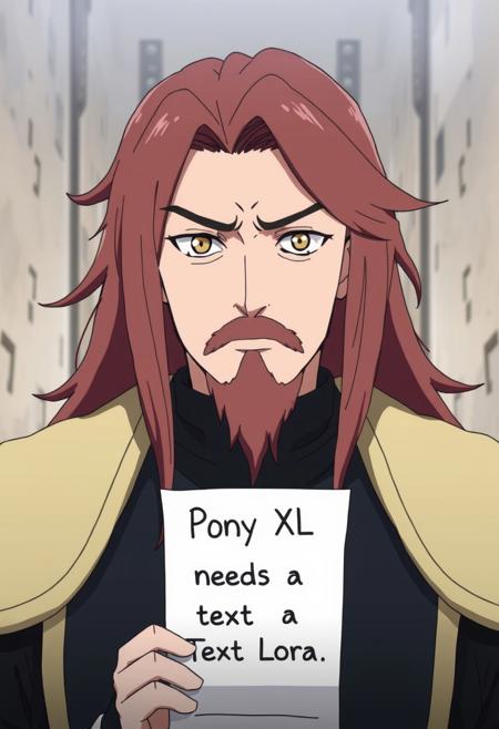 A Long Haired Man with serious face holding a paper with the words "Pony XL needs a Text Lora.", Anime Screencap