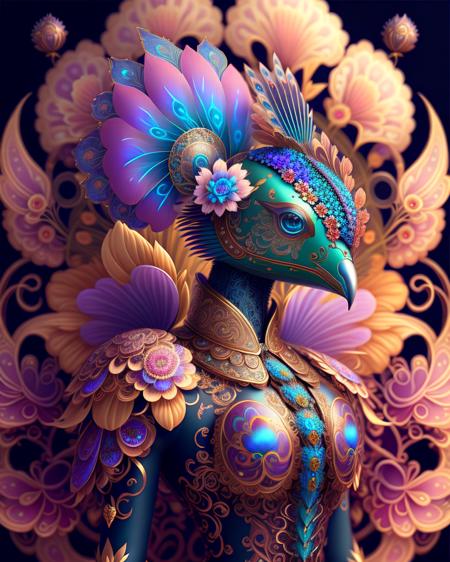 mechanical android flower by, earnst haeckel, james jean. generative art, baroque, intricate patterns, fractalism, movie still, photorealistic, vibrant peacock feathers, intricate, elegant, highly detailed, digital painting, artstation, smooth, sharp focus, illustration, outrun, vaporware