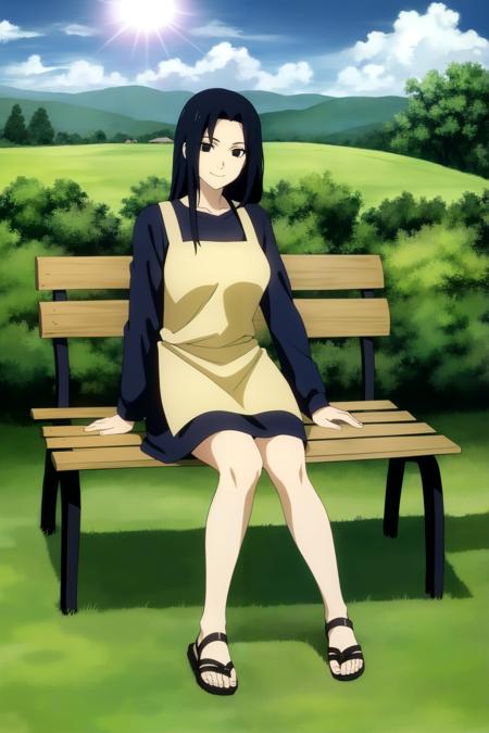 1girl, solo, long hair, black hair, apron, full body, sitting,sitting on bench, long sleeves, looking at viewer, shirt,sidelocks, toeless footwear, sandals, black eyes, breasts, smile, <lora:Mikoto:1> <lora:animemix_v3_offset:0.7>,outdoors, village, cloud,sun,