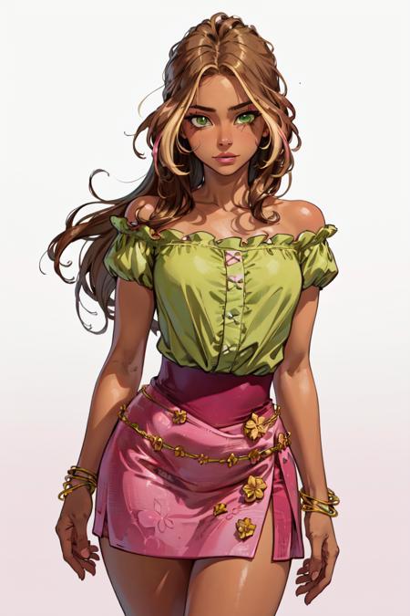 (Flora) (dark skin, brown hair, blonde hair strips, green eyes) (Casual Outfit), (green off-shoulder shirt, pink skirt, pink sandals) (FairyOutfit), (pink dress, pink gloves, sparkling outfit, flower necklace, green fairy wings)