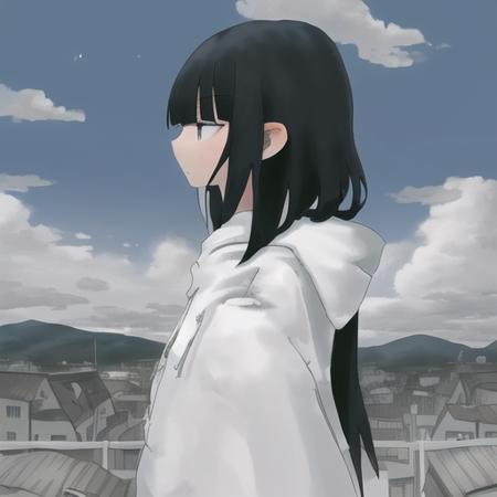 os, 1girl, white_hoodie, black_hair, blunt_bangs, looking_at_viewer, scenery, village, outdoors, sky, clouds, landscape