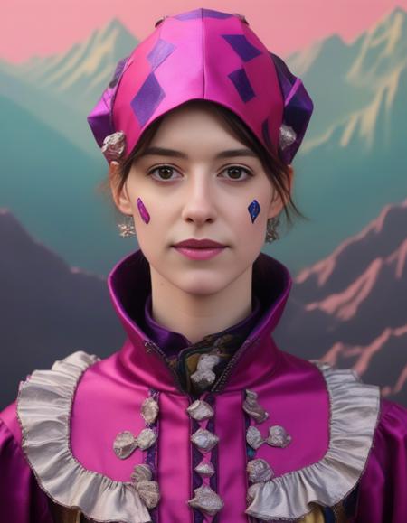 DaisyEdgarJones, portrait,close up of a Avant-Garde flyweight Woman, infused with ethereal color Court jester, wearing Wizard outfit, dense mountains, Hazy conditions, Surprising, Ceramic, Dada Art, Magenta hue, (art by Shigenori Soejima:0.8) , <lora:DaisyEdgarJonesSDXL:1>