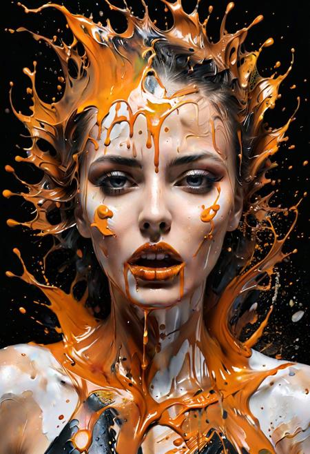 a woman with a big splash of paint all around  it's face,  Background with more painting splash in an intricate spill that leaves the canvas on a 3D s, masterful digital art, spilling juice, caramel, splash image, adi granov, bioart, strong and ferocious, art photograph, smooth drawing, dew, digital screenshot, artistic rendering.