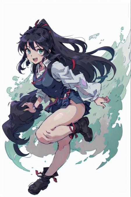 highres,nakoruru,aqua_eyes,1girl,snk,samurai_spirits,ribbon,small_breasts,traditional_media,looking_at_viewer,solo,black_hair,smile,the_king_of_fighters,breasts,long_hair,thighs,open_mouth,legs,ainu_clothes,hair_ribbon,boots,