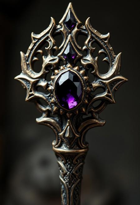 A Highly Detailed Ancient Scary Looking Scepter With A Dark Purple Gem embedded in it