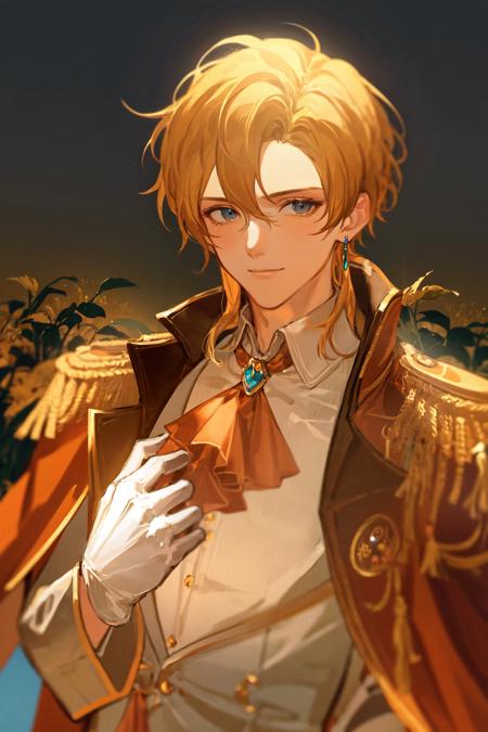 masterpiece, best quality, extremely detailed, detailed background, detailed face, parted bangs, 1boy, male focus, blonde hair, jewelry, gloves, solo, flower, brooch, white gloves, jacket, ascot, upper body, white ascot, smile, blue eyes, looking at viewer, low ponytail, earrings, epaulettes, long sleeves, curtained hair, orange flower, floral background, shirt, cape, closed mouth, white jacket, yellow flower, vest, hand up, gem, hand on own chest, white shirt, formal, sunflower