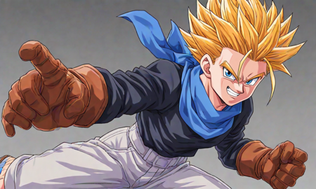 GT Trunks, spikey hair, yellow hair, super saiyan, blue eyes, black long sleeved shirt, blue bandana, brown leather gloves, white baggy short slacks, cutty sark socks, brown boots, solo