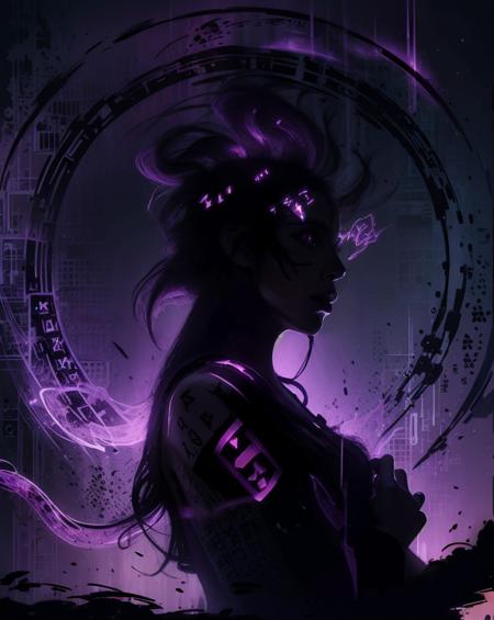 (photorealistic:1.4), 1girl, detailed skin, vellus, in front of large Glowing Purple rune, crossed arms
<lora:JapaneseDollLikeness_v15:0.3> 
(long black floating hair blown up wind),
black sorceress dress with enlaced runes
<lora:Clothesmesh:0.5>
(Rune_Magic), (purple power, spell, purple sparks:1.1), purple fire, GlowingRunes_purple, (style-swirlmagic:0.5)
<lora:runemagic:0.7><lora:GlowingRunesAIv4:0.7> <lora:Glowing-Purple-V1:0.5>
(purple rim light:1.2), (silhouette:1.8), ( deep shadow:1.1), dramatic, depth of field
 <lyco:GoodHands-beta2:1.0>