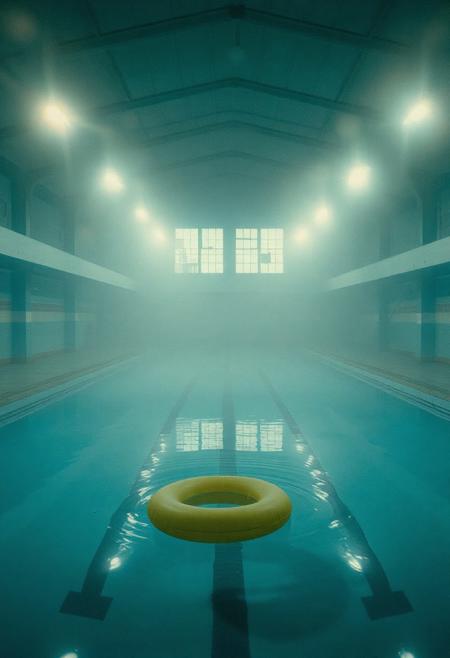 ““An abandoned indoor swimming pool, dimly lit by flickering ceiling lights. The water is still, untouched, reflecting the pale blue tiles and broken windows above. Thick fog creeps along the floor, and dust floats in the quiet air. A single pool float drifts slowly across the water, creating gentle ripples in the silence. The scene is frozen in time — no people, no movement, just echoes of what once was. Soft, ambient hums mix with the distant creak of pipes. Cinematic 4K, 35mm film grain, desaturated colors, dreamlike, surreal atmosphere, heavy stillness.”