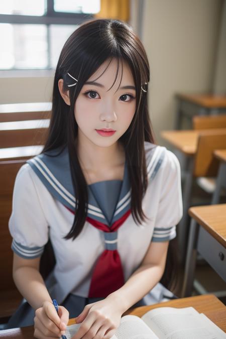 ltra-detailed,highly detailed,best quality,masterpiece,illustration,realistic,photorealistic,
llas, cosplay, 1girl, solo,
uranohoshi school uniform,
looking at viewer,
 <lora:llas_v1_05:0.7>