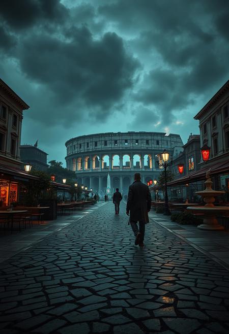 An abandoned piazza in Italy under a dusky, ash-filled sky, blending the grandeur of ancient Roman architecture with a futuristic dystopian flair. The once vibrant café tables are overturned, vines overgrow marble fountains, and digital screens display fragmented, eerie propaganda in glowing red and gold. Cracked cobblestones reflect the dim light of flickering street lamps. In the distance, a shadowy, towering colosseum-like structure hums with the sound of advanced machinery, its arches filled with cascading holograms of surveillance data. A lone figure in a tattered trench coat and cybernetic implants wanders through the empty square, silhouetted against the distant glow of molten lava flowing through futuristic aqueducts. The atmosphere is haunting, melancholic, and heavy with history, as though the echoes of Italy’s past are at war with its oppressive future.