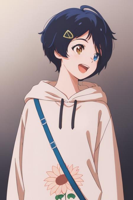 masterpiece, best quality, extreme detail, 1girl, solo, smile, open mouth, simple background, hair ornament, long sleeves, upper body, flower, hairclip, hood, bag, looking to the side, hoodie, heterochromia, floral print, hood down, black background, handbag, shoulder bag, ai_ohto_, <lora:aiohto-000006:0.6>