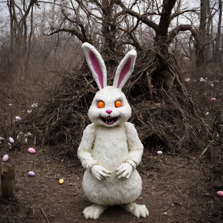 The evil Easter bunny is a grotesque creature its once fluffy white fur now matted and stained with blood, Its eyes gleam with malice reflecting the twisted joy it finds in terrorizing its victims, Its long sharp teeth protrude from its snarling mouth ready to tear into flesh, It dwells in an abandoned dilapidated Easter theme park where once cheerful rides now creak eerily in the wind, overrun with overgrown vegetation casting sinister shadows over faded pastel-colored eggs and cracked weather-beaten decorations, The air is thick with the scent of decay mixing with the sickly sweet smell of rotting candy left behind by unsuspecting visitors, Within the decaying confines of the park the evil Easter bunny stalks its prey hiding amongst towering pastel-colored egg sculptures and twisted thorn-covered bushes shaped like Easter baskets, Its lair is a dark labyrinthine warren of tunnels and chambers lined with the bones of those who dared to enter its domain, Despite the once joyful themes of Easter in this twisted reality the holiday is a nightmare with the evil bunny at its center spreading fear and despair with every hop