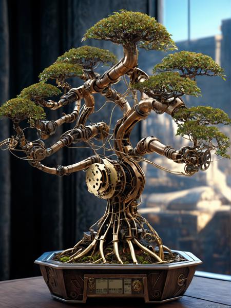 (steampunk bonsai tree:1.2) with cybernetic features, cinematic, cyberpunk elements, amazing detailed, biomorph, organic and mechanical, brass gear elements, flowing energy, bokeh, natural light