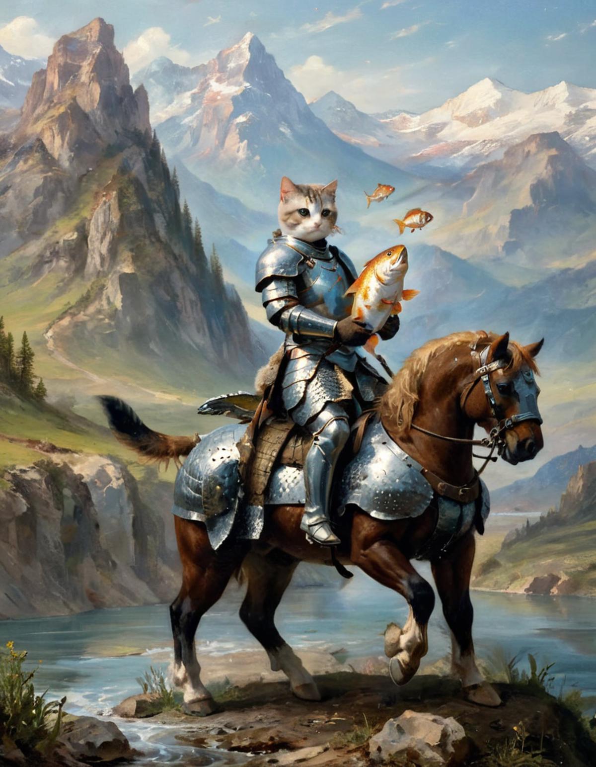 A knight in armor riding a horse and holding a fish.