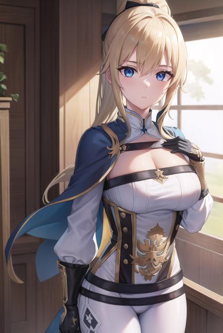 jeangunnhildr, <lora:jeangunnhildr-lora-nochekaiser:1>,
jean, blonde hair, blue eyes, hair between eyes, medium hair, ponytail,
BREAK black gloves, blue capelet, capelet, cleavage, corset, detached sleeves, gloves, pants, strapless, (white pants:1.5),
BREAK indoors, castle,
BREAK looking at viewer, (cowboy shot:1.5),
BREAK <lyco:GoodHands-beta2:1>, (masterpiece:1.2), best quality, high resolution, unity 8k wallpaper, (illustration:0.8), (beautiful detailed eyes:1.6), extremely detailed face, perfect lighting, extremely detailed CG, (perfect hands, perfect anatomy),