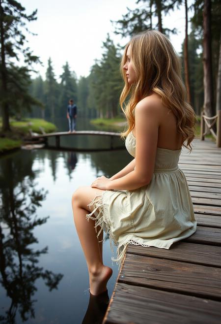 ((Masterpiece, best quality, edgQuality,realistic,photorealistic)) ( russian a girl with blonde hair is sitting and looks at the water, dressed in a short torn dress, sitting on the pier and looks into the water from a small bridge, viewed from above, and in the water she sees the reflection of a man), A view from the outside. source_real, raw, photo, amateur, medium breast , fantasy forest, highly detailed, detailed skin, 1man under water, depth of field, film grain