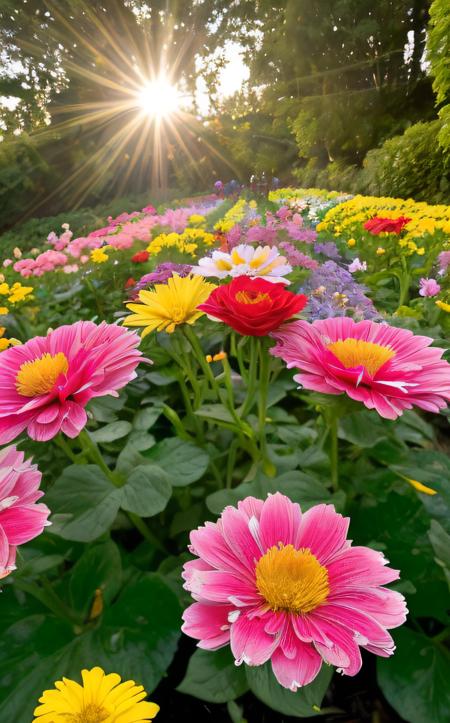 Pop Art style ((best quality:1.4)), ((masterpiece:1.4)), (detailed:1.3), 8K, vibrant flower garden in full bloom, diverse species of flowers, rich and varied colors, butterflies and bees hovering, dew-covered petals, (sunlit:1.3), (soft bokeh background:1.4), peaceful and serene atmosphere, intricate leaf and petal details, in the style of Claude Monet, low-angle shot. . Bright colors, bold outlines, popular culture themes, ironic or kitsch