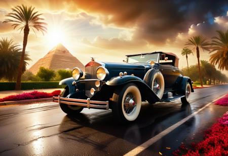 cinematic photo of 1931 Cadillac V12 370-A Convertible Coupe, magnificent three pyramids of Giza appear clearly, charm, highly detailed car, Professional lighting, full of life, Lively and energetic, 8K, rays of sun flow beyond heavy clouds, HDR, Fast & Furious movie, motion blur, moving tires, Cinematic Shot, Cinematic Lighting, amazing world, pure perfection, Need For Speed, wide angle exterior background, wet asphalt road, autumn leaves, grass, flowers, jasmine flowers, palm trees, nebula horizon.