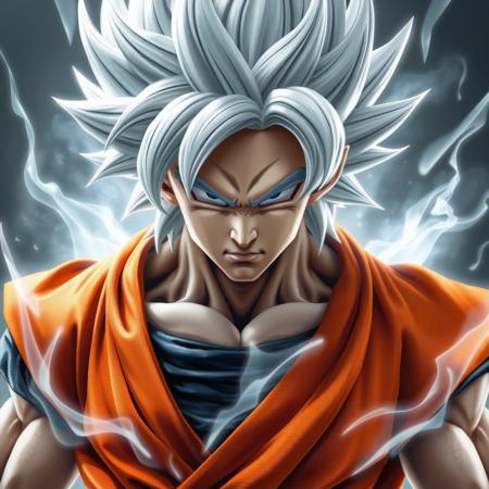 A realistic lifelike full body portrait of Goku in ultra instinct mode reimagined as a real person.   with silver & white hair, silver aura around his body, intense look