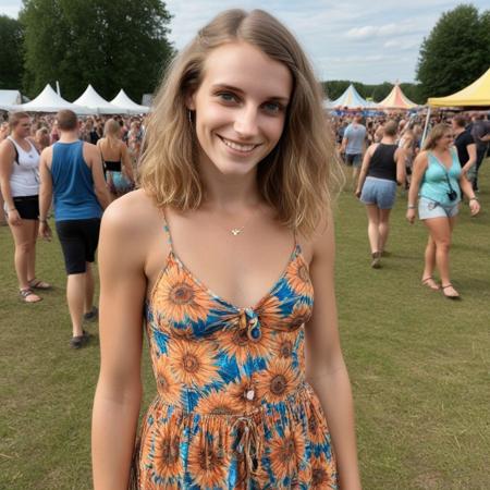 Hyperrealistic photoshot: (ByronyXL is standing at a festival area, smiling, without makeup, wearing a colorful summer outfit, 25 years old, tall, light brown hair, average figure),