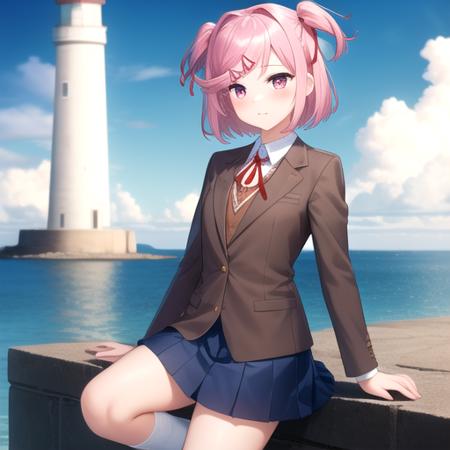 ((masterpiece)),(best quality),official art,extremely detailed CG,unity 8k wallpaper,ultra detailed,A lighthouse on a cliff by the sea,1girl,solo,cowboy shot,natsuki (doki doki literature club),pink hair,school uniform,white socks,blue skirt,short hair,red ribbon,hair ornament,pink eyes,pleated skirt,looking at viewer,brown jacket,hair ribbon,hairclip,long sleeves,two side up,blush,bangs,white shirt,neck ribbon,small breasts,white footwear,uwabaki,<lora:Natsuki(ddlc)>,