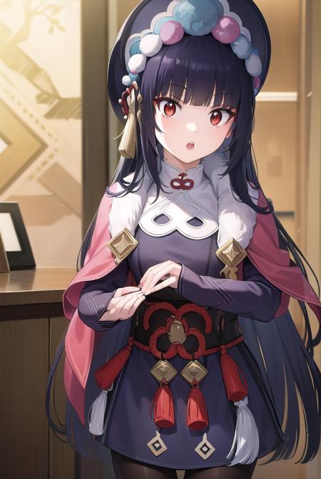 yunjin, <lyco:yunjin-lyco-nochekaiser:1>,
yun jin, black hair, blunt bangs, braid, eyeshadow, long hair, makeup, purple hair, (red eyes:1.5), red eyeshadow, (small breasts:1.2), <lora:surprised_v100:1>, <lora:talkmouth_U_v100:1>, open mouth,
BREAK black footwear, boots, chinese clothes, fur trim, hat, knee boots, long sleeves, pantyhose, pom pom (clothes), purple pantyhose,
BREAK indoors, theater,
BREAK looking at viewer, (cowboy shot:1.5), upper body,
BREAK <lyco:GoodHands-beta2:1>, (masterpiece:1.2), best quality, high resolution, unity 8k wallpaper, (illustration:0.8), (beautiful detailed eyes:1.6), extremely detailed face, perfect lighting, extremely detailed CG, (perfect hands, perfect anatomy),