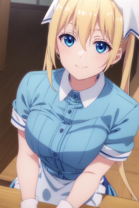 kahohinata, <lora:kaho hinata s1-lora-nochekaiser:1>,
kaho hinata, blonde hair, blue eyes, hair between eyes, long hair, sidelocks, twintails, smile,
BREAK apron, blue shirt, blue skirt, frilled apron, frills, gloves, head scarf, shirt, short sleeves, skirt, uniform, waist apron, waitress, white apron, white gloves,
BREAK indoors, restaurant,
BREAK looking at viewer, (cowboy shot:1.5),
BREAK <lyco:GoodHands-beta2:1>, (masterpiece:1.2), best quality, high resolution, unity 8k wallpaper, (illustration:0.8), (beautiful detailed eyes:1.6), extremely detailed face, perfect lighting, extremely detailed CG, (perfect hands, perfect anatomy),