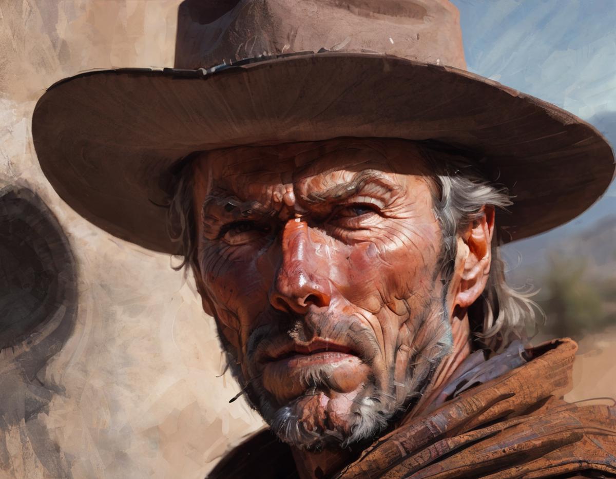 A painting of a man wearing a cowboy hat and staring intently.