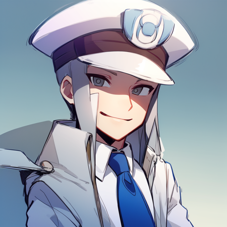 ,,1boy, grey hair, white eyes, belt, coat, necktie, blue necktie, white shirt, collared shirt, white gloves, hat, white headwear, white jacket, white pants, sidelocks, smile