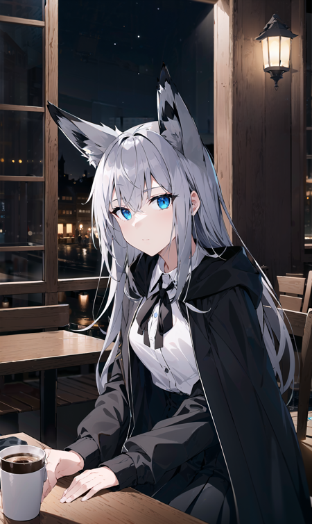 masterpiece, best quality, high quality, 1girl, solo, fox ears, animal ear fluff, blue eyes, grey hair, long hair, hair between eyes, looking at viewer, indoors, cafe, table, coffee cup, window, street view, medieval city, night, lanterns, grey cloak, white shirt, black skirt, kawakaze \(azur lane\), expressionless, kwkzmit