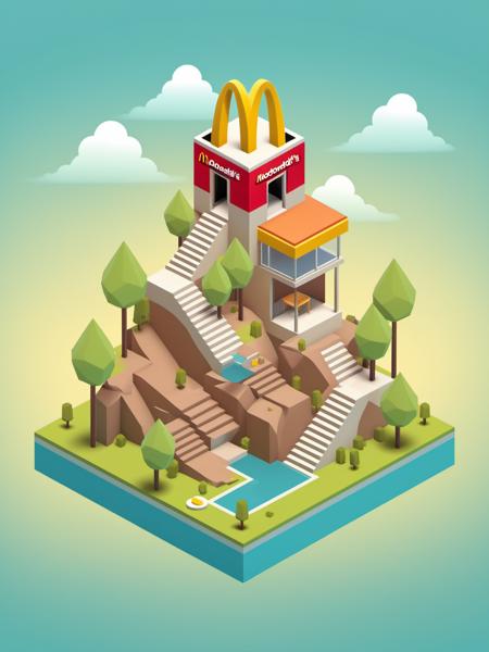 video game monument valley style, a McDonald's shop, stairs, water, cloud, hill, trees, gradient background, <lora:Monument Valley style:0.8>
