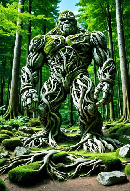score_9,score_8_up,score_7_up, PG-TR, This is a vibrant, fantasy illustration of a large, golem-like figure that appears to be made of stones and rocks, partly overgrown with lush green foliage. The figure stands in a forested environment, with trees and plants surrounding it, and in the background, ruins or other stone structures are visible. The sky above is clear blue with some white clouds, indicating a sunny day.
The colossus itself is impressively large, with a broad posture and thick, robust limbs. Its body is a mix of gray and brown stones, some smoother than others, with cracks and moss growth emphasizing its age and natural integration. The most striking feature is the dense layer of bright green leaves covering large parts of its torso, shoulders, and upper legs, as if it has become part of the forest itself.
The colossus's face is somewhat human-like, with a stylized, flat nose and indentations suggesting eyes, all formed from stone. The overall atmosphere of the image is one of wonder and mystery, fitting for a fantasy world. <lora:Treeroots_0_90_multi2_Handprocessed_V2:1>