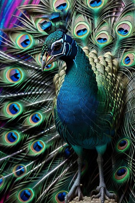 Ultra High Definition, Impeccable Detail, Premier Quality, Best-in-class, (Photorealistic), (Lifelike), raw photo,peacock,  abstract painting with varying colorful geometric shapes on a textured background, sculpture of a peacock standing in front of the abstract painting, full body, beautiful feathers, background abstract painting,
