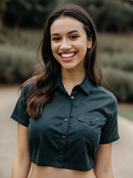 Realistic photo of a beautiful gr4c3f woman,1girl,solo,long hair,looking at viewer,smile,shirt,black hair,brown eyes,upper body,teeth,grin,lips,black shirt,realistic,nose,soft lighting, professional Photography, Photorealistic, detailed, RAW, analog, sharp focus, 8k, HD, high quality, masterpiece<lora:gr4c3f:1.0>