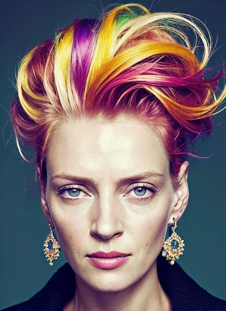 portrait of sks woman by Flora Borsi, style by Flora Borsi, bold, bright colours, rainbow Mohawk haircut, ((Flora Borsi)), <lora:locon_uma_v1_from_v1_64_32:1.25>