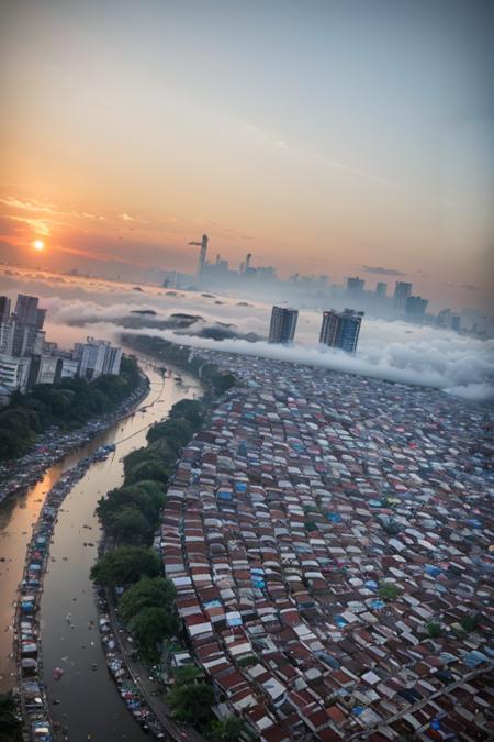 from above, slumparea full of trash at jakarta, trash can, garbage, trash, plastic bag, dirty, slum city, poverty,  dim light, epic, cityscape, dawn, clear sky, tree, railroad, cable, dramatic, river,  fog, smoke, <lora:ARWSlumpArea:1>