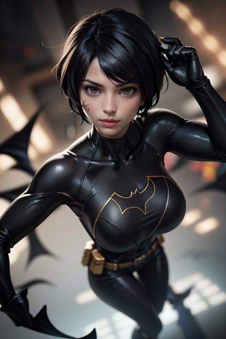 CassCain, cassandra cain, batgirl suit, 1girl,  black hair, brown eyes, looking at viewer, mask, short hair, ((face scar))  <lora:CassandraCain-01:0.7>