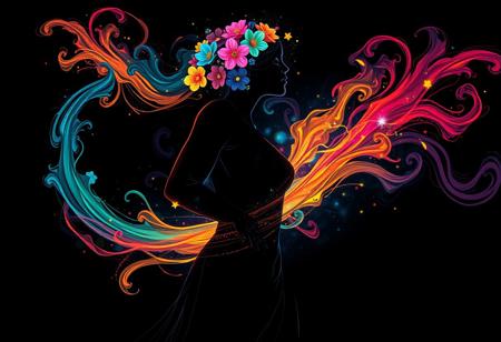 A surrealist illustration of a womans silhouette, full body, with swirls of bright multicolored blacklight ink swirling around her in beautiful colors. flowers in her hair