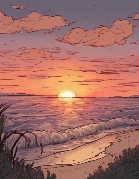 a sunset over the sea, thick brush lines, jsmn style